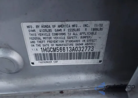 2003 Honda Accord 2.4 Ex from USA, damaged, VIN 1HGCM56613A032773